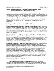 MEMORANDUM FOR RECORD  9 August 1999 Subject: Meeting Proceedings - Air Force Central-Great Lakes Region Airspace/Range Council (Management Session)