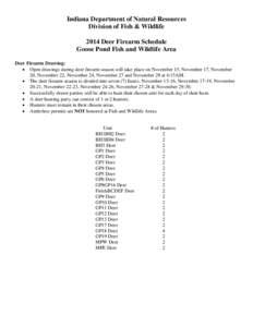 Indiana Department of Natural Resources Division of Fish & Wildlife 2014 Deer Firearm Schedule Goose Pond Fish and Wildlife Area Deer Firearm Drawing:  Open drawings during deer firearm season will take place on Novem