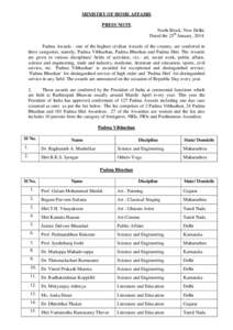 MINISTRY OF HOME AFFAIRS PRESS NOTE North Block, New Delhi. Dated the 25th January, 2014. Padma Awards - one of the highest civilian Awards of the country, are conferred in three categories, namely, Padma Vibhushan, Padm