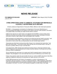 OFFICE OF PUBLIC AFFAIRS 1625 North Market Boulevard, Suite N-323, Sacramento, CA[removed]P[removed]F[removed] | www.dca.ca.gov NEWS RELEASE FOR IMMEDIATE RELEASE