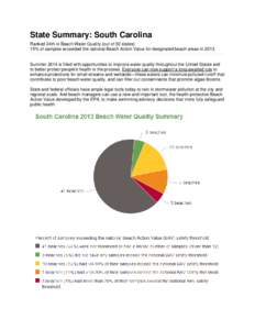 State Summary: South Carolina Ranked 24th in Beach Water Quality (out of 30 states) 15% of samples exceeded the national Beach Action Value for designated beach areas in[removed]Summer 2014 is filled with opportunities to 