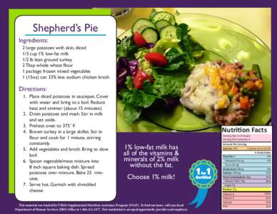 Shepherd’s Pie Ingredients: 2 large potatoes with skin, diced 1/3 cup 1% low-fat milk 1/2 lb lean ground turkey 2 Tbsp whole wheat flour