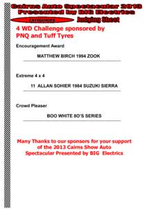 CATEGORIES  4 WD Challenge sponsored by PNQ and Tuff Tyres Encouragement Award MATTHEW BIRCH 1994 ZOOK