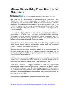 Mission Pitroda: Bring Prasar Bharti to the 21st century By HT Correspondent | Hindustan Times – Wed 6 Feb, 2013