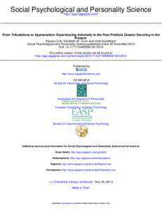 Social Psychological and Personality Science http://spp.sagepub.com/ From Tribulations to Appreciation: Experiencing Adversity in the Past Predicts Greater Savoring in the Present