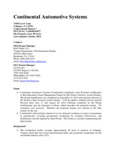 Region 3 GPRA Baseline RCRA Corrective Action Facility Continental Automotive Systems VAD030341077