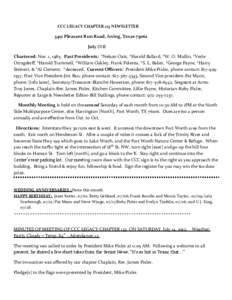 CCC LEGACY CHAPTER 123 NEWSLETTER[removed]Pleasant Run Road, Irving, Texas[removed]July 2012 Chartered: Nov. 1, 1985. Past Presidents: *Nelson Oats, *Harold Ballard, *W. O. Mullin, *Verle Oringderﬀ, *Harold Trammell, *Will