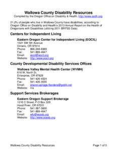 Wallowa County Disability Resources Compiled by the Oregon Office on Disability & Health, http://www.oodh.org. 21.2% of people who live in Wallowa County have disabilities, according to Oregon Office on Disability and He