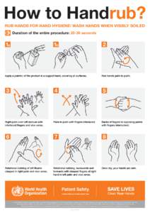 How to Handrub? RUB HANDS FOR HAND HYGIENE! WASH HANDS WHEN VISIBLY SOILED Duration of the entire procedure: 20-30 seconds 1a