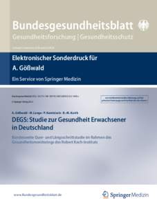 Bundesgesundheitsblatt Gesundheitsforschung | Gesundheitsschutz Indexed in Medline, SCIE and SCOPUS