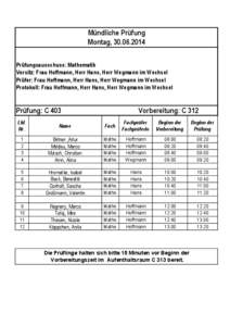 Mündliche Prüfung Montag, [removed]Prüfungsausschuss: Mathematik Vorsitz: Frau Hoffmann, Herr Hans, Herr Wegmann im Wechsel Prüfer: Frau Hoffmann, Herr Hans, Herr Wegmann im Wechsel Protokoll: Frau Hoffmann, Herr H