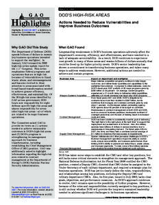 March 12, 2009  DOD’S HIGH-RISK AREAS Accountability Integrity Reliability  Highlights