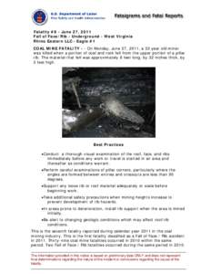 Fatality #8 - June 27, 2011 Fall of Face/Rib - Underground - West Virginia Rhino Eastern LLC - Eagle #1 COAL MINE FATALITY - - On Monday, June 27, 2011, a 33 year old miner was killed when a portion of coal and rock fell