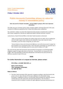 Solar Trade Association Press Release Friday 3 October 2014 Public Accounts Committee shows no value for money in renewables policy