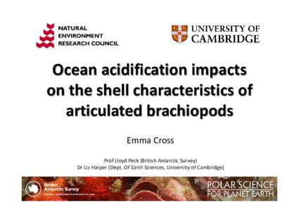 Ocean acidification impacts  on the shell characteristics of  articulated brachiopods Emma Cross Prof Lloyd Peck (British Antarctic Survey) Dr Liz Harper (Dept. Of Earth Sciences, University of Ca