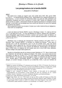 Généalogie et Histoire de la Caraïbe Les pérégrinations de la famille BAZIN Jacqueline Chaffanjon NDLR Cet article est à mettre en rapport avec celui publié dans GHC 188, janvier 2006, p[removed], « La famille BA