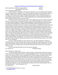 Southern Campaign American Revolution Pension Statements Pension application of William Gregory S1666 fn30NC Transcribed by Will Graves[removed]State of Tennessee, Smith County