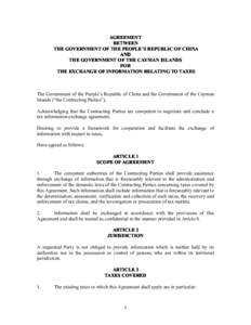 AGREEMENT BETWEEN THE GOVERNMENT OF THE PEOPLE PEOPLE’’S REPUBLIC OF CHINA AND THE GOVERNMENT OF THE CAYMAN ISLANDS