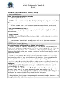 Alaska Mathematics Standards Grade 1 Standards for Mathematical Content Grade 1 Counting and Cardinality Know ordinal names and counting flexibility. 1.CC.1. Skip count by 2s and 5s.