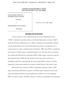 Case 1:13-cvKBJ Document 15 FiledPage 1 of 27  UNITED STATES DISTRICT COURT FOR THE DISTRICT OF COLUMBIA  ELECTRONIC PRIVACY