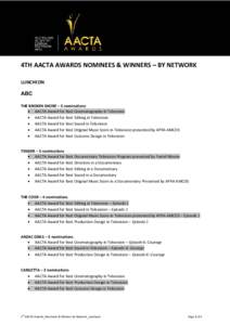 4TH AACTA AWARDS NOMINEES & WINNERS – BY NETWORK LUNCHEON ABC THE BROKEN SHORE – 5 nominations • AACTA Award for Best Cinematography in Television