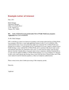 Example Letter of Interest Date, 2011 Mark Schuppe Operations Manager Office of Columbia River 15 W. Yakima Ave