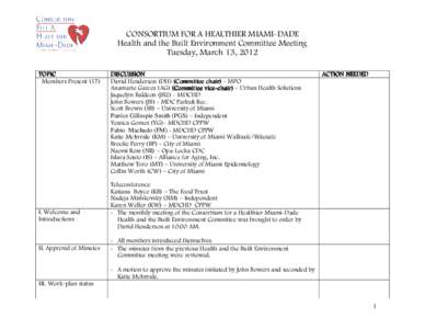 CONSORTIUM FOR A HEALTHIER MIAMI-DADE Health and the Built Environment Committee Meeting Tuesday, March 13, 2012 TOPIC Members Present (17)