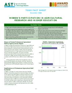 TOGO FACT SHEET December 2008  WOMEN’S PARTICIPATION IN AGRICULTURAL RESEARCH AND HIGHER EDUCATION Key Gender Trends