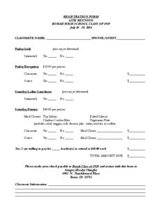 REGISTRATION FORM 55TH REUNION BORAH HIGH SCHOOL CLASS OF 1959 July[removed], 2014 CLASSMATE NAME: ____________________________ SPOUSE/GUEST__________________ Friday Golf: