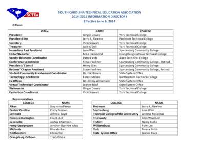 SOUTH CAROLINA TECHNICAL EDUCATION ASSOCIATIONINFORMATION DIRECTORY Effective June 6, 2014 Officers Office President