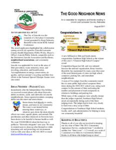 THE GOOD NEIGHBOR NEWS An e-newsletter for neighbors and friends residing in Lincoln and Lancaster County, Nebraska August[removed]AN AWARD FOR ALL OF US!