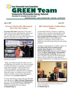 July 6, 2007  Issue #33 Governor Calls For 60% E85 Usage by Iowa’s Flex-Fuel Vehicles