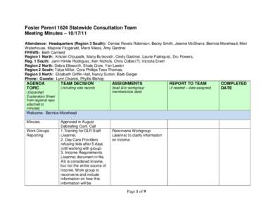 Foster Parent 1624 Statewide Consultation Team Meeting Minutes – [removed]Attendance: Headquarters (Region 3 South): Denise Revels Robinson, Becky Smith, Jeanne McShane, Bernice Morehead, Meri Waterhouse, Marjorie Fitz