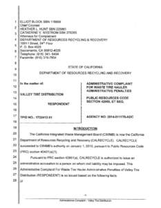 Administrative Complaint for Waste Tire Hauler Administrative Penalties in the Matter of Valley Tire Distribution. Document Date: March 16, 2015.