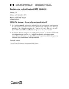 CFSH-FM Apsley – Renouvellement administratif