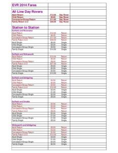 EVR 2014 Fares All Line Day Rovers Adult Return Child Return Concession/Group Return Family Return 2+3