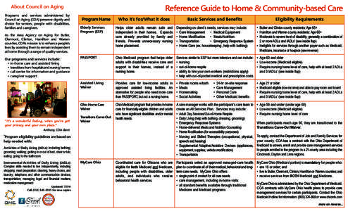 About Council on Aging  Programs and services administered by Council on Aging (COA) preserve dignity and choice for seniors, people with disabilities, families and caregivers.