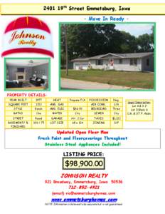 2401 19th Street Emmetsburg, Iowa - Move In Ready - PROPERTY DETAILS: YEAR BUILT