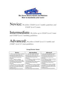   Rec	
  Score	
  Sheets	
  Stunts	
  and	
  Motions	
   How	
  to	
  maximize	
  your	
  score	
   Novice: We follow USASF Level 1 tumble guidelines and USASF Level 2 stunts.