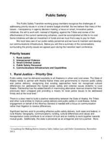 Public Safety The Public Safety Transition working group members recognize the challenges of addressing priority issues in a time of severe budget shortfall. But we believe that many of the issues – transparency in age