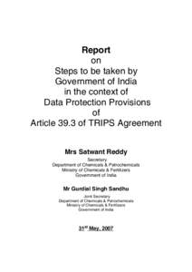 Report on Steps to be taken by Government of India in the context of Data Protection Provisions