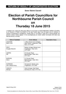 RETURN OF RESULT OF UNCONTESTED ELECTION Dover District Council Election of Parish Councillors for Northbourne Parish Council on