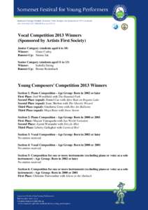 Vocal Competition 2013 Winners (Sponsored by Artists First Society) Junior Category (students aged 6 to 10) Winner: Grace Curley Runner-Up: Sienna Jak