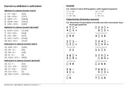 Esercizi su addizioni e sottrazioni Addizioni in colonna (numeri interi)