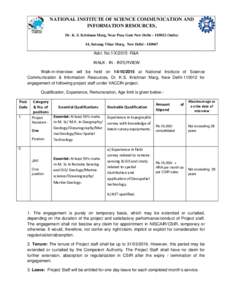 NATIONAL INSTITUTE OF SCIENCE COMMUNICATION AND INFORMATION RESOURCES, Dr. K. S. Krishnan Marg, Near Pusa Gate New Delhi – India) 14, Satsang Vihar Marg, New DelhiAdvt. No.1/XR&A