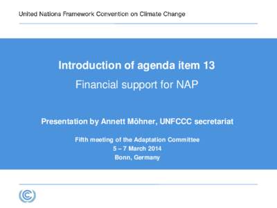 Introduction of agenda item 13  Financial support for NAP Presentation by Annett Möhner, UNFCCC secretariat Fifth meeting of the Adaptation Committee