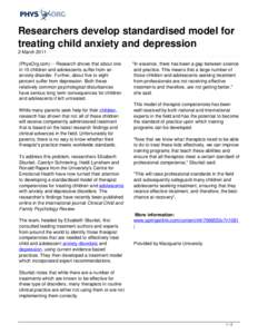 Researchers develop standardised model for treating child anxiety and depression