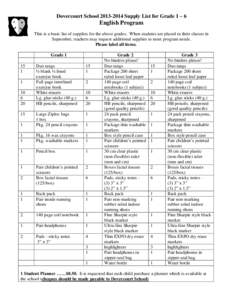 Dovercourt School[removed]Supply List for Grade 1 – 6  English Program This is a basic list of supplies for the above grades. When students are placed in their classes in September, teachers may request additional su