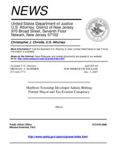 NEWS United States Department of Justice U.S. Attorney, District of New Jersey 970 Broad Street, Seventh Floor Newark, New Jersey[removed]Christopher J. Christie, U.S. Attorney