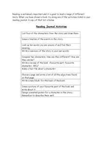 Reading is extremely important and it is good to read a range of different texts. When you have chosen a book try doing one of the activities listed in your reading journal. A copy of that list is below. Reading Journal 